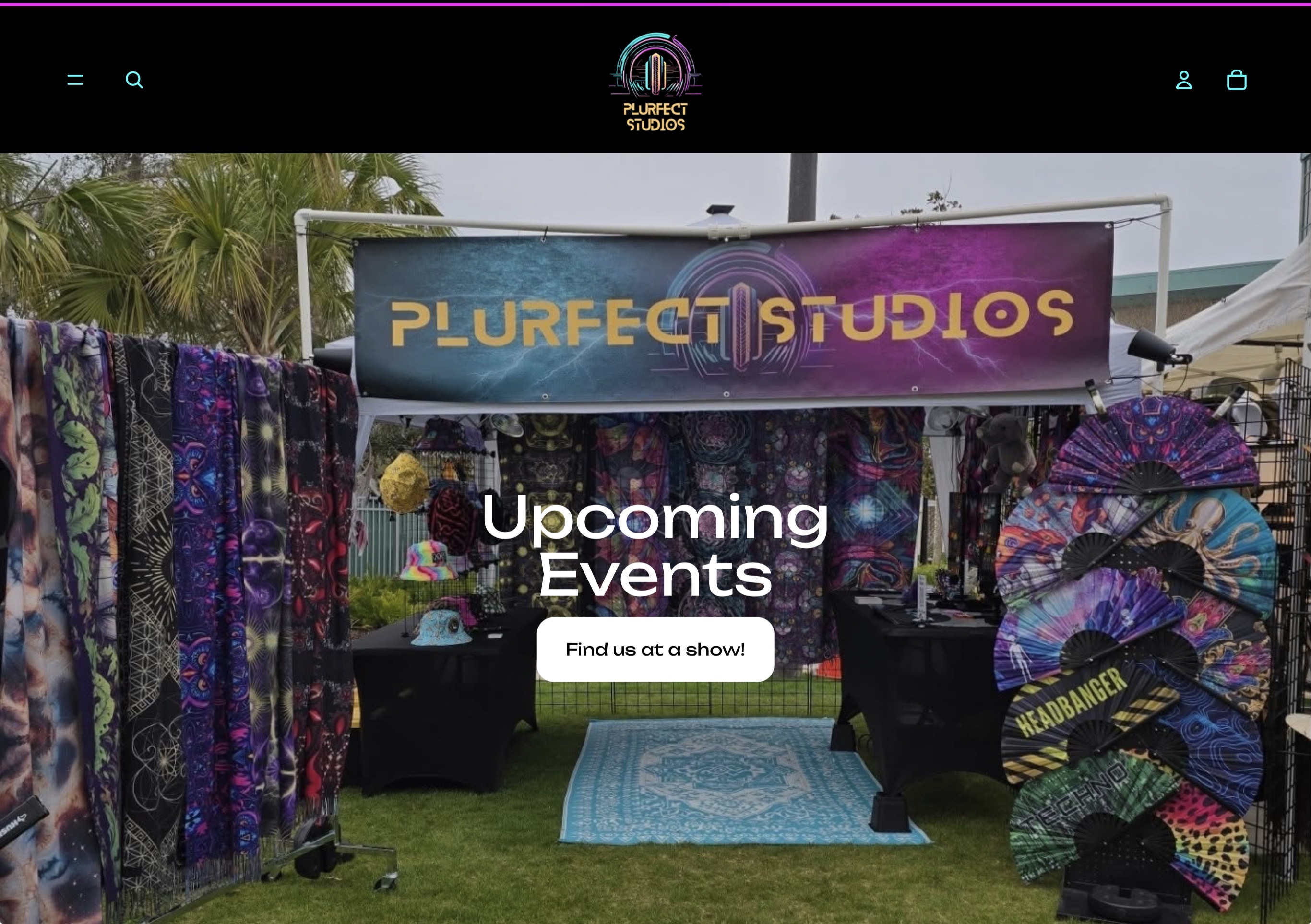 PLURfect Studios website showing its upcoming events and colorful market booth.